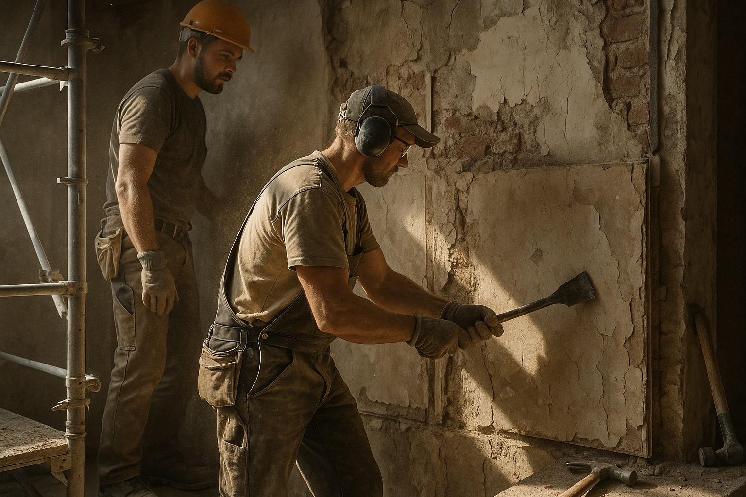 Kernsanierung Ortenau – Handwerker von Schwarzwaldbau entfernen alte Wandbeläge für nachhaltige Sanierung